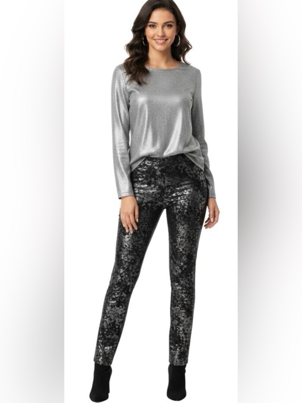 NWT Chico's Brigitte So Slimming Ankle Pant in Black Silver Metallic Mist 16T 3T